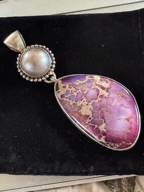 Silver Pendant Necklace with Purple Jasper and Pearl Accent
